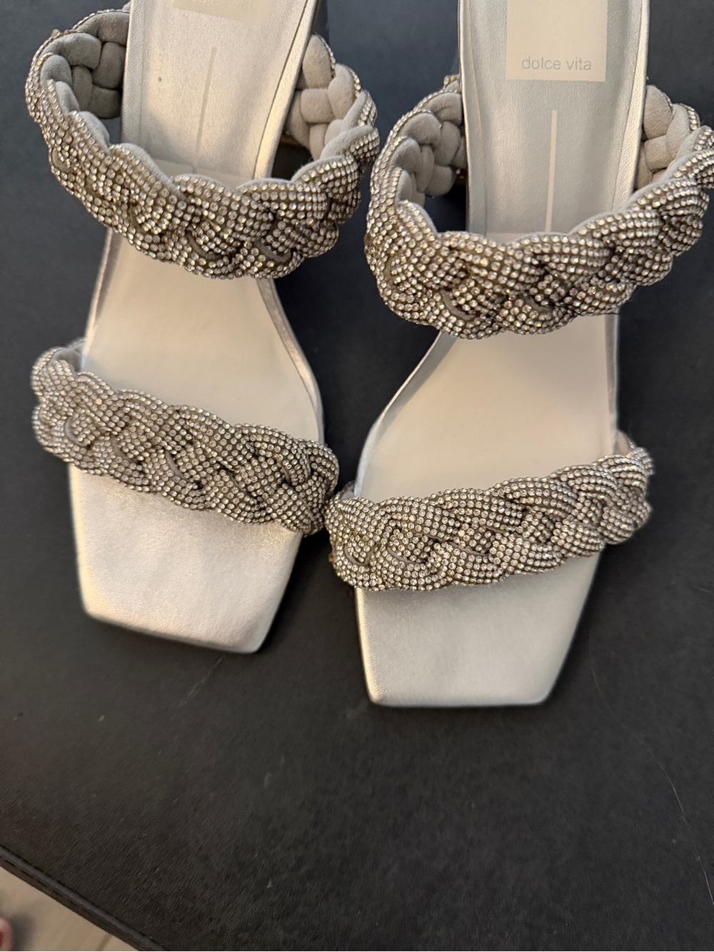 Dolce Vita Metallic Silver Braided Crystal Strap Heels
